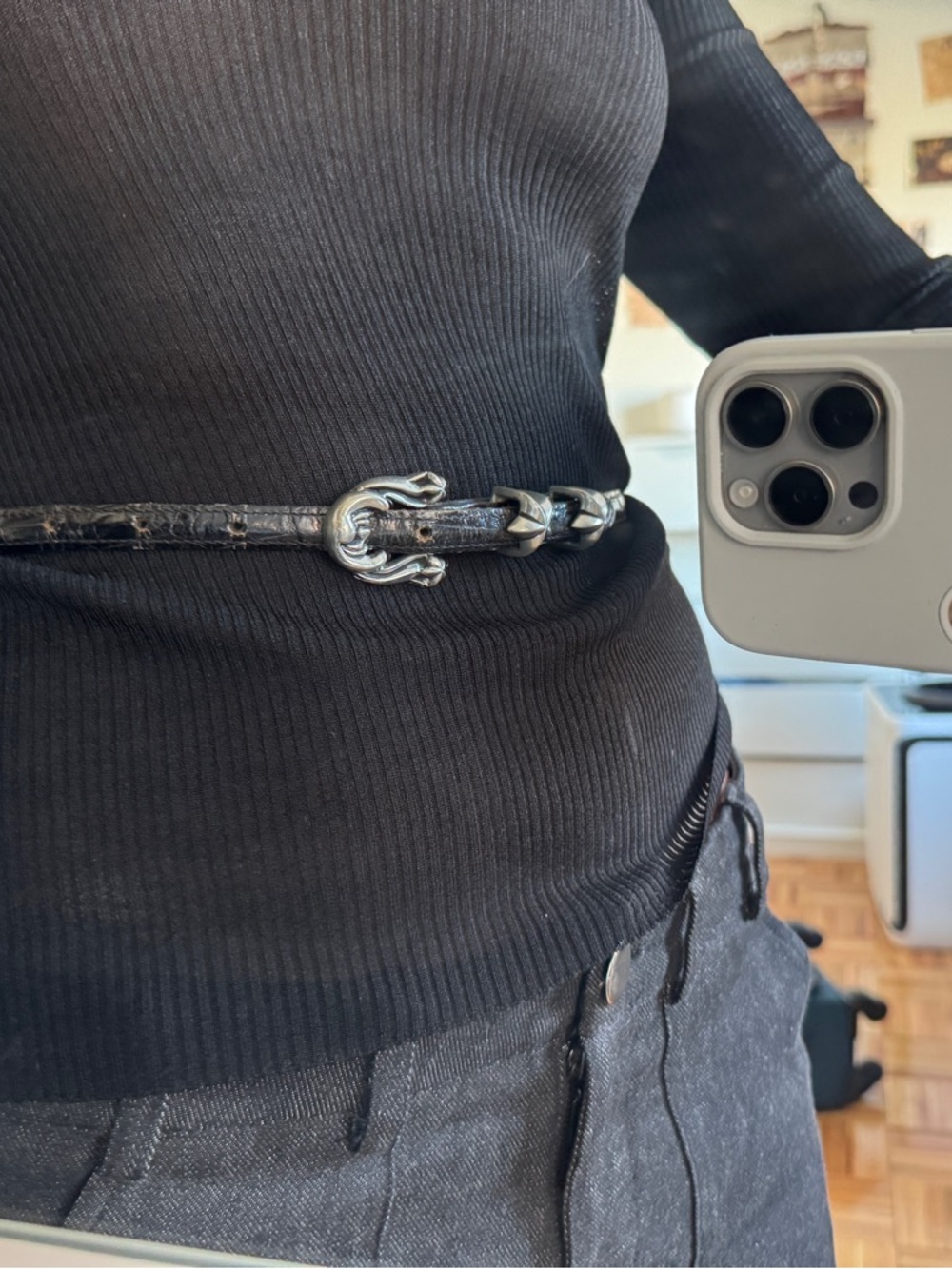 Black Leather Thin Waist Belt with Silver Buckle